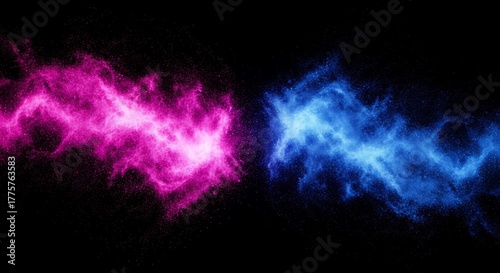 Cosmic Clash of Pink and Blue Nebulas: Abstract Space Particles Intertwined in Energy Clouds Against Black Backdrop
