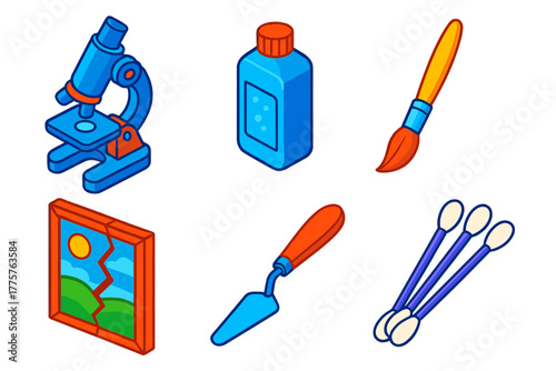 Art Conservation Tools. Isometric vector illustration set Art Conservation: Microscope, Solvent, Brush, Cracked Painting, Palette