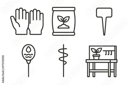Horticulture Tools Icons. Line style icons of horticulture accessories: gloves, soil bag, label stick, humidity meter, plant stake
