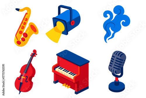 Isometric Jazz Instruments. Isometric vector illustration set Jazz Club: Saxophone, Double Bass, Spotlight, Smoke, Piano,