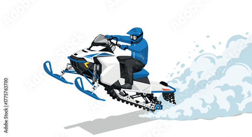 Snowmobile adventure with man in helmet riding through snowy terrain