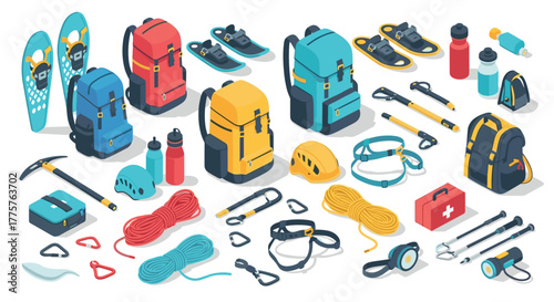 Outdoor adventure gear set backpacks, climbing equipment, safety helmets, and water bottles in isometric design