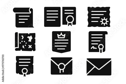 Historical Document Icons. Solid style icons of Historical Documents: charter scroll, treaty seal, proclamation, map chart, royal
