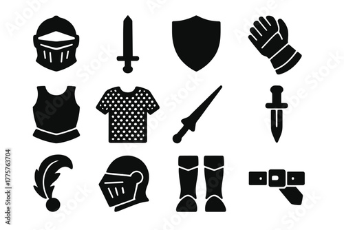Knight Essentials Icons. Solid style icons of knight essentials: helmet, sword, shield, gauntlet, breastplate, chainmail, lance,