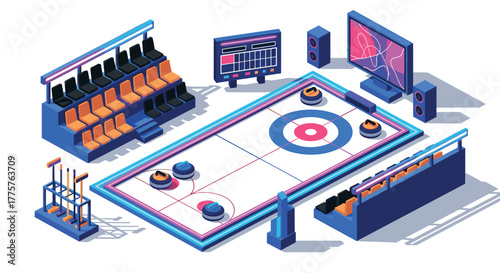 Isometric indoor curling arena with interactive digital display and vibrant seating
