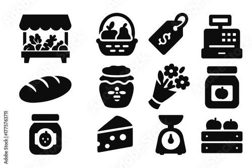 Farmers Market Icons. Solid style icons of farmers market: vegetable stall, fruit basket, price tag, cash box, bread loaf, honey