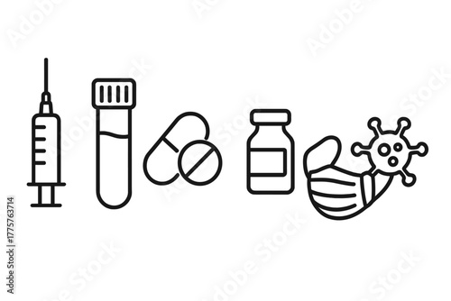 Medical Microbiology Icons. Line style icons of medical microbiology: syringe, blood sample, antibiotic pill, vaccine vial,