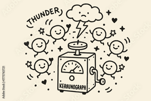 Dancing Thunder Creatures. A doodle of a keraunograph turning thunder sounds into little smiling creatures, who dance in circles