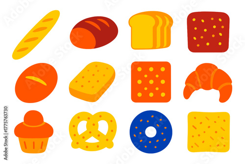 Colorful Bread Icons. Flat vector icons of bread types: baguette, sourdough loaf, sliced bread, rye bread, pita bread, ciabatta,