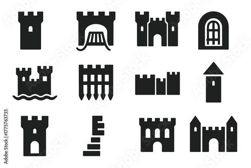 Knight's Castle Icons. Solid style icons of knight’s castle: tower, drawbridge, gatehouse, dungeon, moat, portcullis, wall, turret