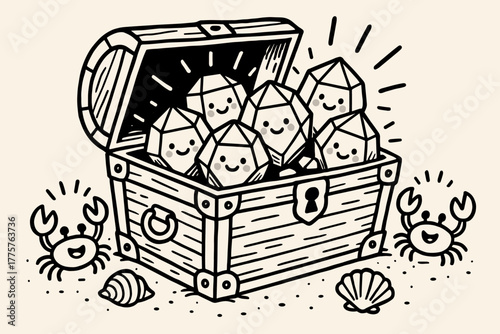 Joyful Gem Chest. A doodle illustration of a treasure chest filled with glowing chatoyant gems, each gem with a happy face, while