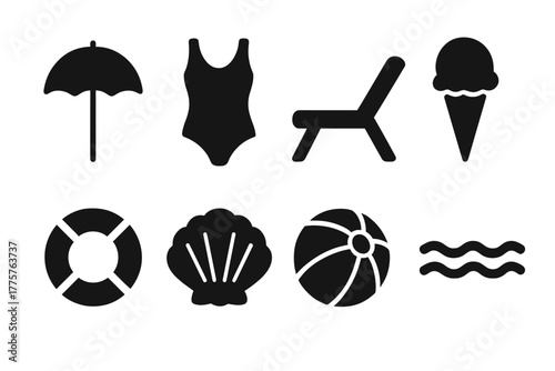 Seaside Essentials Icons. Solid style icons of Seaside Tradition: Parasol, Bathing Suit, Deck Chair, Ice Cream, Lifebuoy, Seashell
