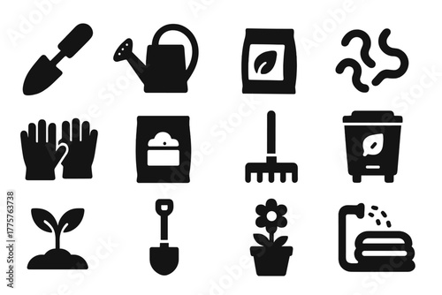 Gardening Essentials Icons. Solid style icons of gardening basics: trowel, watering can, seed packet, worms, gloves, soil bag,