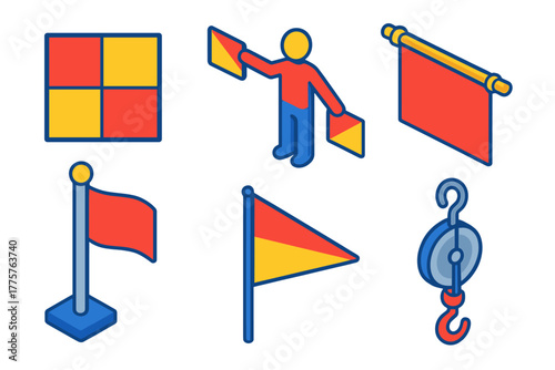 Vibrant Flag Icons. Isometric vector illustration set Vexillology: Flag Design, Semaphore, Banner, Pole, Pennant, Rope Pulley. No