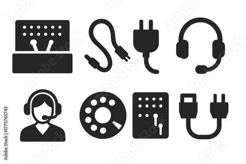 Telecommunication Icons. Solid style icons of Telecommunication History: Switchboard, Cord, Plug, Headset, Operator, Dial, Panel,
