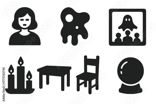 Paranormal Investigation Icons. Solid style icons of Early Paranormal Investigation: Medium, Ectoplasm, Séance, Spirit Photograph,