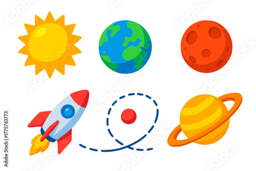 Cosmic Journey Icons. Isometric vector illustration set Cosmic Journey: radiant sun, orbiting earth, cratered mars, striped saturn