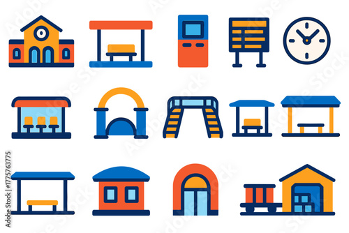 Railway Station Icons. Flat vector icons of railway stations: station building, platform with bench, ticket machine, departure