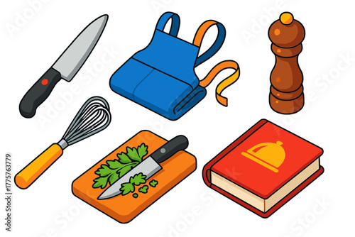 Gourmet Cooking Tools. Isometric vector illustration set Gourmet Cooking Scene: chef’s knife, spiral whisk, apron folded, pepper