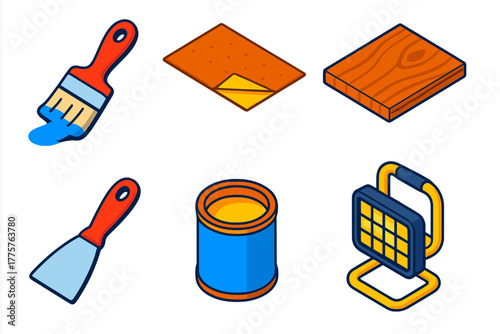Restoration Tools Icons. Isometric vector illustration set Restoration: Brush, Sandpaper, Original Surface, Paint Scraper, Varnish