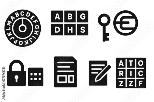Cryptography Tools Icons. Solid style icons of Cryptography Tools: Cipher Wheel, Substitution Table, Secret Key, Letter Grid,