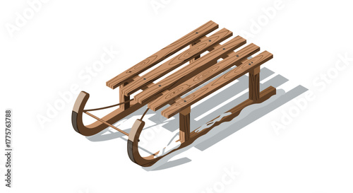 Wooden isometric sledge on white background for winter activities and holiday design