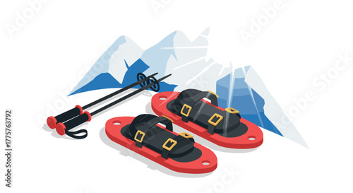 Winter adventure isometric snowshoeing gear with mountains in sunlight
