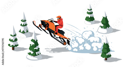 Exciting winter adventure snowmobile jump amidst snowy pines in isometric style