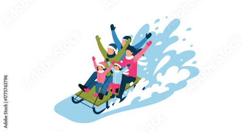 Family enjoying a fun sledding adventure in winter landscape