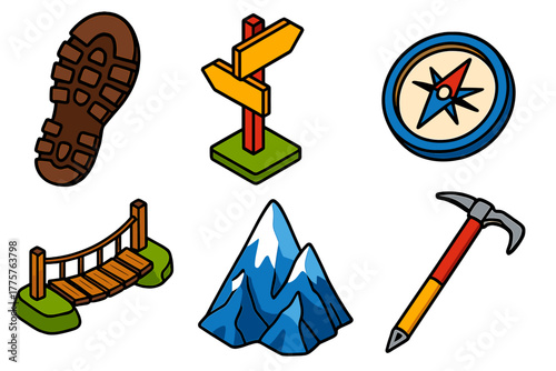 Alpine Hiking Icons. Isometric vector illustration set Alpine Hiking: boot print, signpost with arrows, compass rose, icy mountain