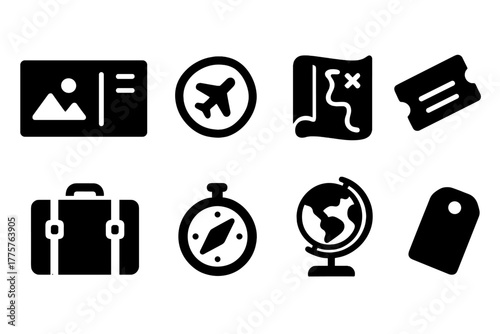 Solid Travel Icons. Solid style icons of Travel Memorabilia: Postcard, Passport Stamp, Map Roll, Ticket Stub, Suitcase, Compass,