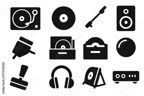 Vinyl Essentials Icons. Solid style icons of vinyl essentials: turntable, record, tonearm, speaker, stylus needle, record sleeve,