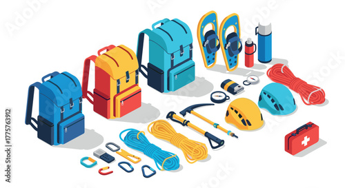 Isometric adventure gear backpacks, helmets, and climbing essentials for outdoor exploration
