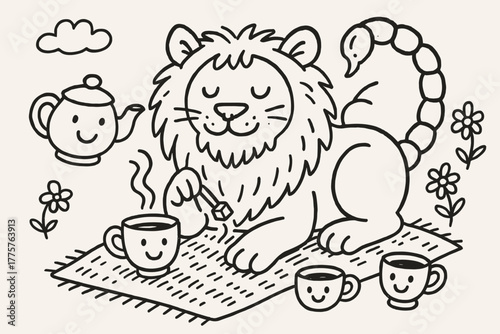 Manticore's Tea Time. A doodle scene of a manticore sipping tea with smiling teapots and cups, its lion paws resting on a cozy rug