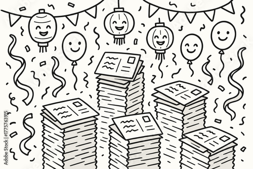 Festival Postcards Tower. A doodle illustration of postcards in a festival, stacked like towers, with smiling lanterns, dancing