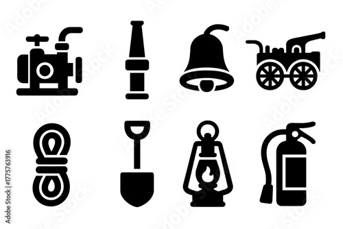 Fire Brigade Icons. Solid style icons of Fire Brigade Equipment: Water Pump, Brass Nozzle, Hand Bell, Fire Wagon, Rope, Shovel,
