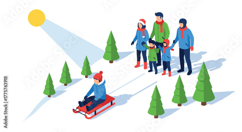 Family enjoying winter day sledding in snowy pine forest in isometric style