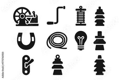 Vintage Electricity Icons. Solid style icons of Vintage Electricity Generator: Dynamo, Crank, Coil, Magnet, Wire, Light Bulb,