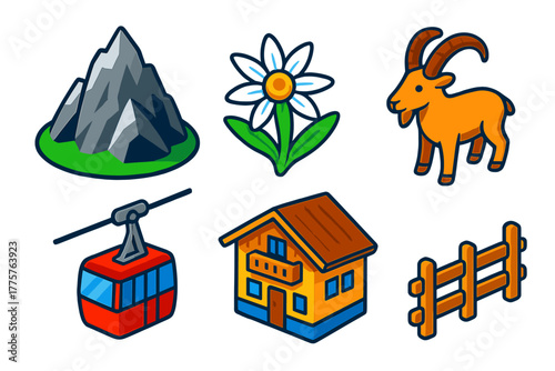 Alpine Tourism Icons. Isometric vector illustration set Alpine Tourism: rocky mountain peak, edelweiss flower, alpine goat, moving