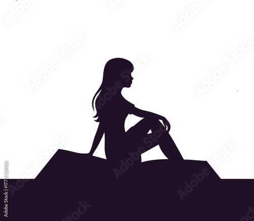Silhouette of Woman Sitting on Platform with Long Hair in Profile Vector Illustration 