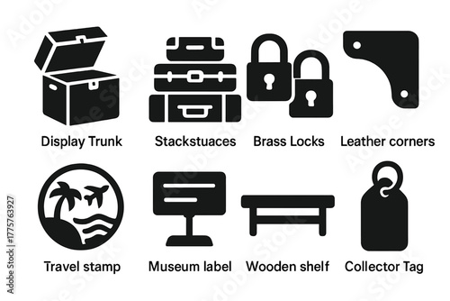 Collector's Luggage Icons. Solid style icons of Collector’s Luggage: Display Trunk, Stacked Suitcases, Brass Locks, Leather