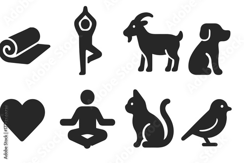 Fitness and Animals Icons. Solid style icons of Fitness and Animals: Goat, Dog, Cat, Bird, Mat, Pose, Heart, Balance, No text, No