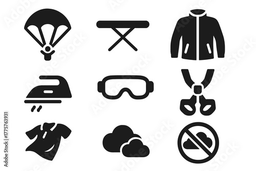 Skydiving Ironing Icons. Solid style icons of Skydiving Ironing: Open Parachute, Ironing Board, Wind Jacket, Steam Iron, Goggles,