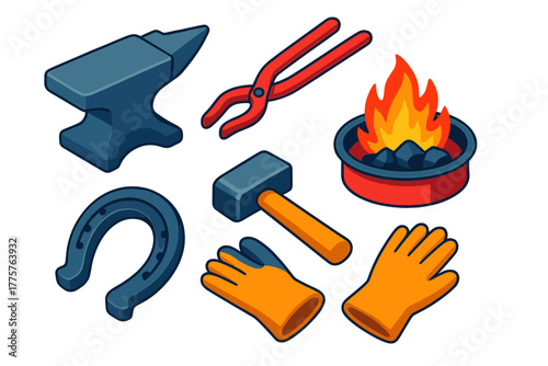 Blacksmith Tools Icons. Isometric vector illustration set Blacksmith Tools: metal anvil, curved tongs, forge fire, bent horseshoe,