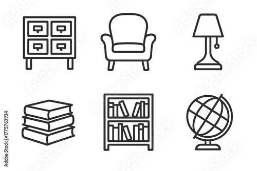 Library Icons Collection. Line style icons of library essentials: card catalog, reading chair, book stacks, lamp, bookshelf, globe