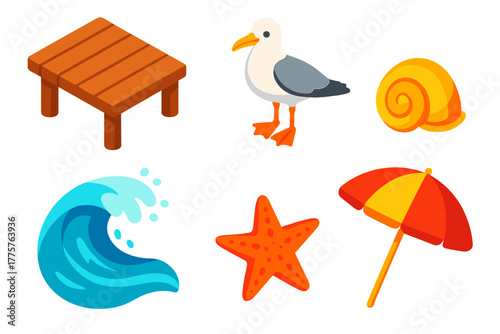 Seaside Isometric Icons. Isometric vector illustration set Seaside Escape: pier with planks, perched seagull, crashing waves,