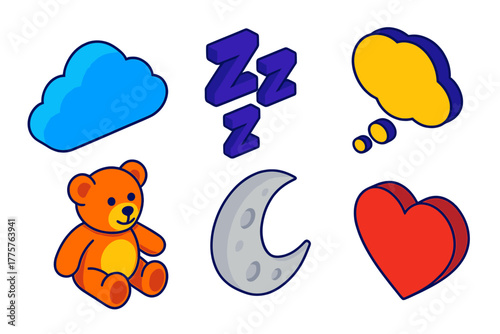 Sweet Sleep Icons. Isometric vector illustration set Sweet Sleep: gentle cloud, silver moon, little Zzz, dreamy thought bubble,