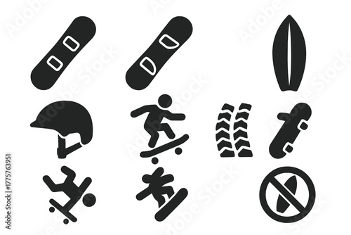 Extreme Boarding Icons. Solid style icons of Extreme Boarding: Snowboard, Sandboard, Skateboard, Surfboard, Helmet, Jump, Tracks,