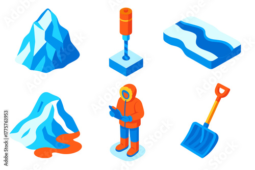 Cryosphere Research Icons. Isometric vector illustration set Cryospheric Study: Iceberg, Core Drill, Meltwater, Melting Glacier,