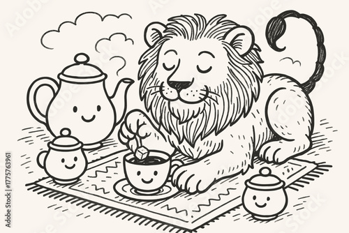 Manticore's Tea Time. A doodle scene of a manticore sipping tea with smiling teapots and cups, its lion paws resting on a cozy rug